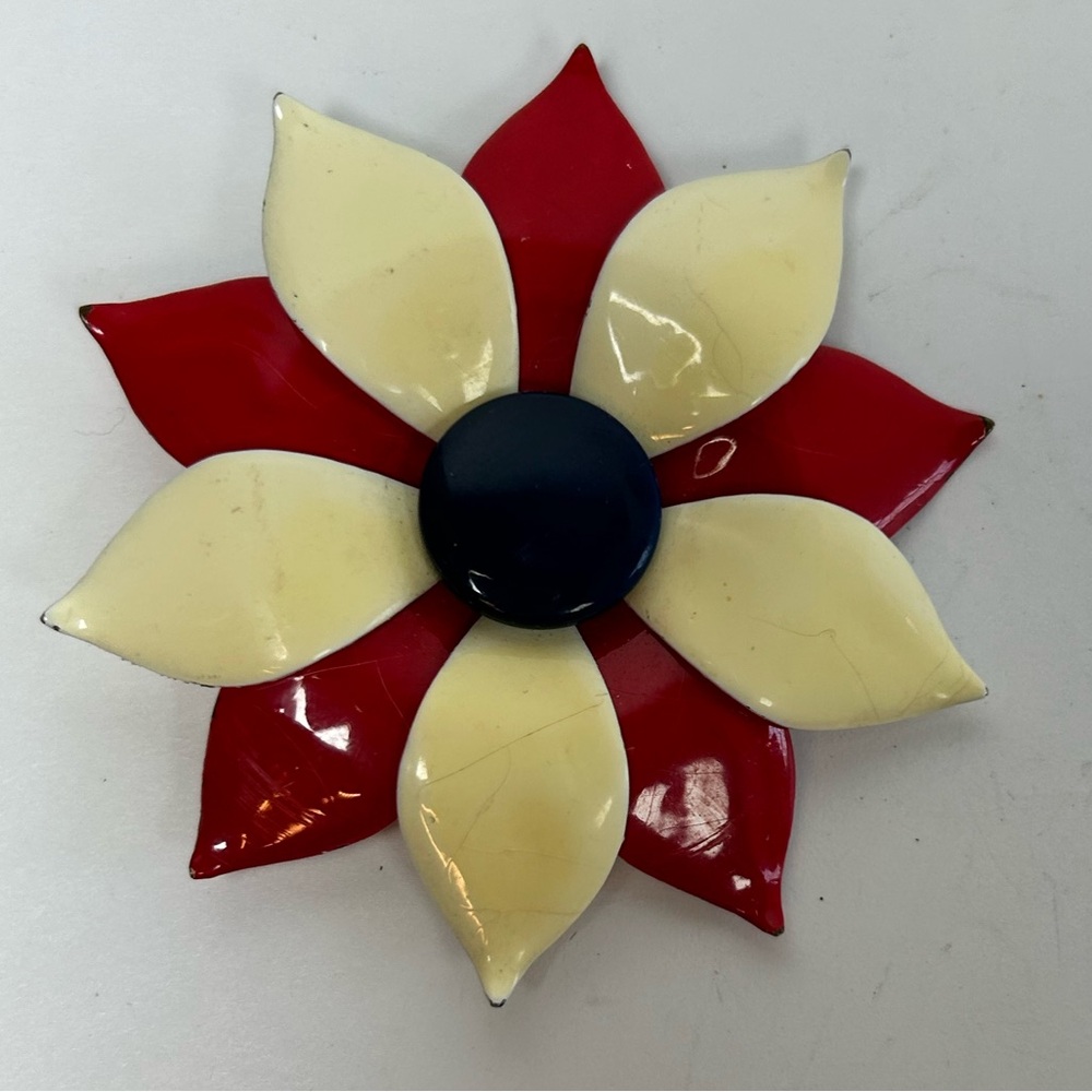 Vintage large enameled Metal Flower Brooch Pin..